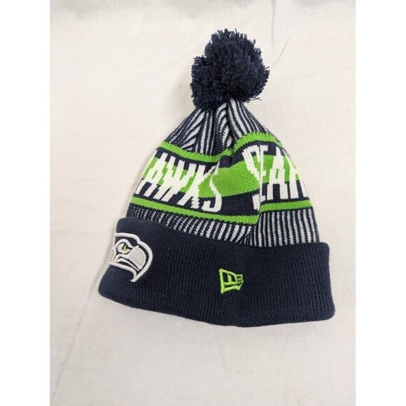 New Era NFL Seattle Seahawks unisex pom pom beanie, navy blue white and green C9 - Picture 2 of 4